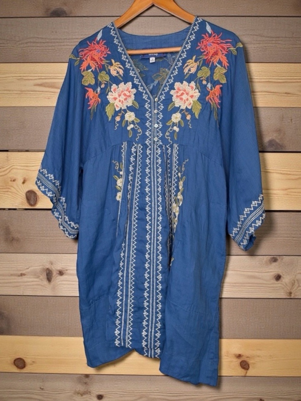 JOHNNY WAS WORKSHOP BLUE EMBROIDERED BOHO TUNIC DRESS SIZE XS